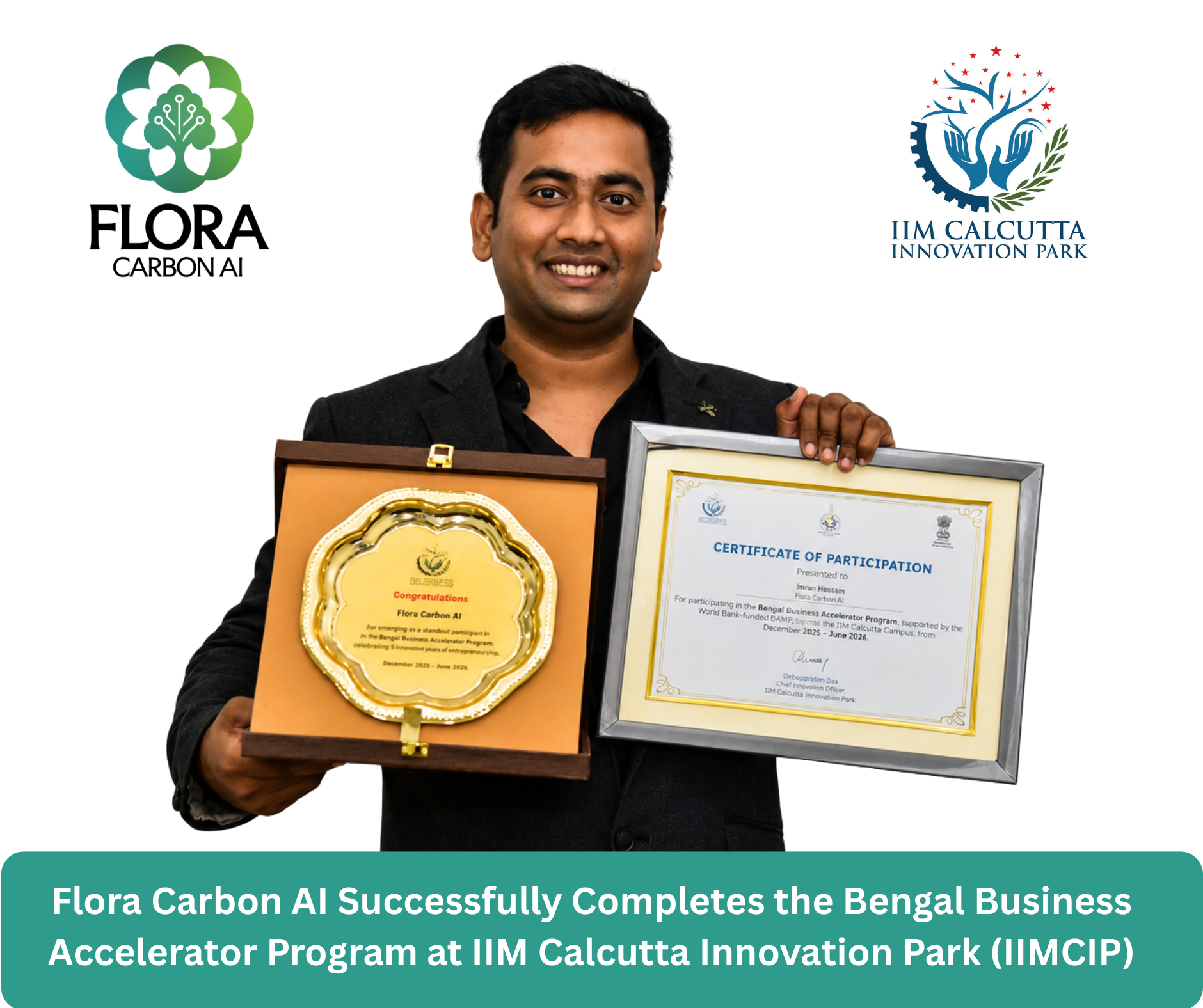 Flora Carbon AI founder receiving recognition at IIM Calcutta Innovation Park
