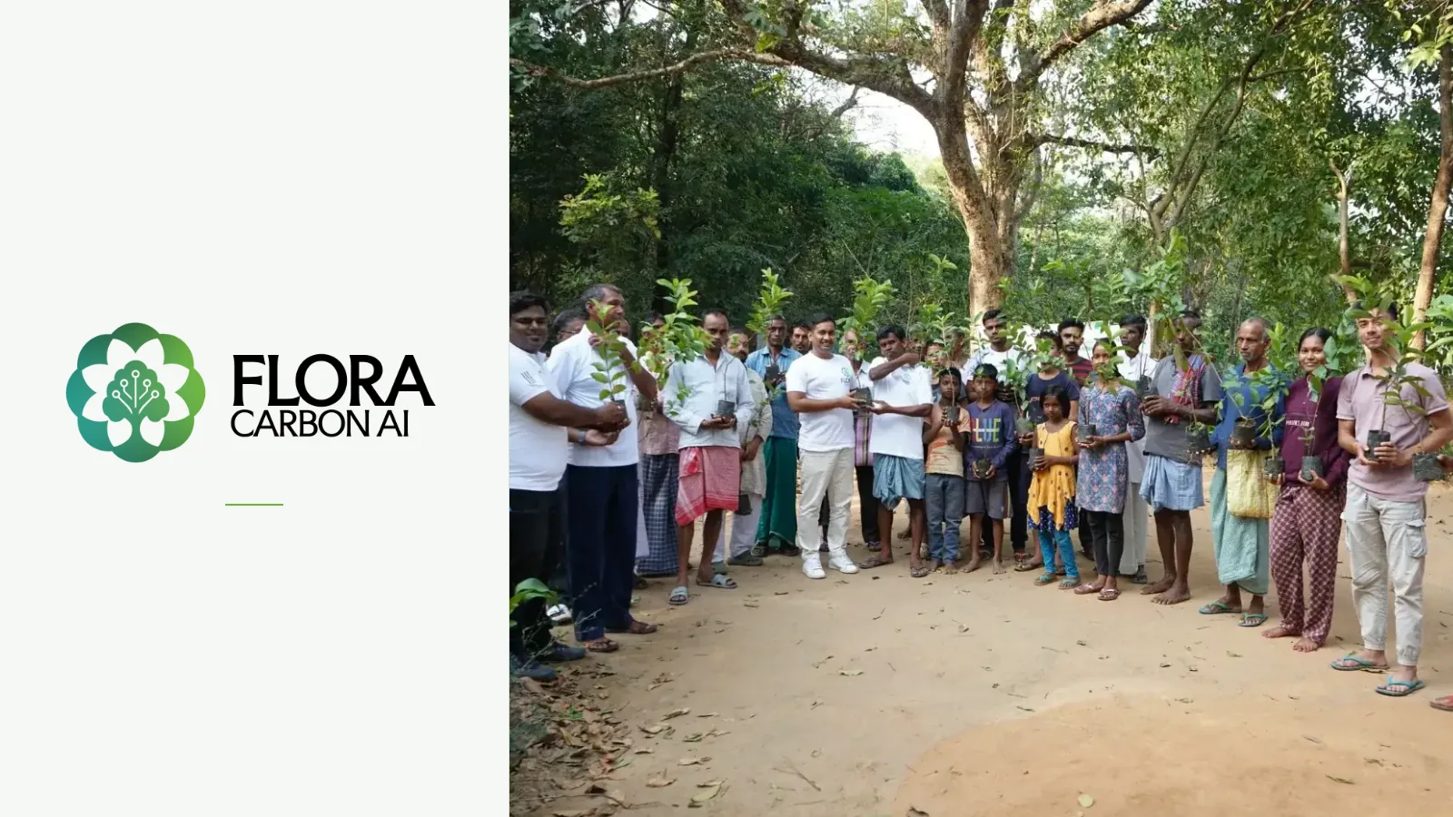 Flora Carbon AI logo beside a community gathering with saplings at an agroforestry site