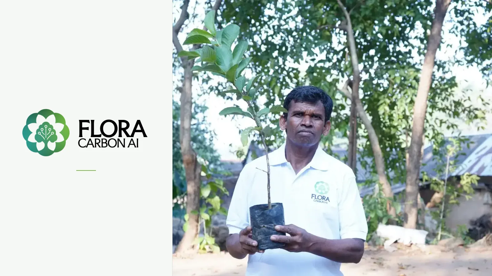 Flora Carbon AI logo beside a Flora Carbon team member with a sapling at a field site