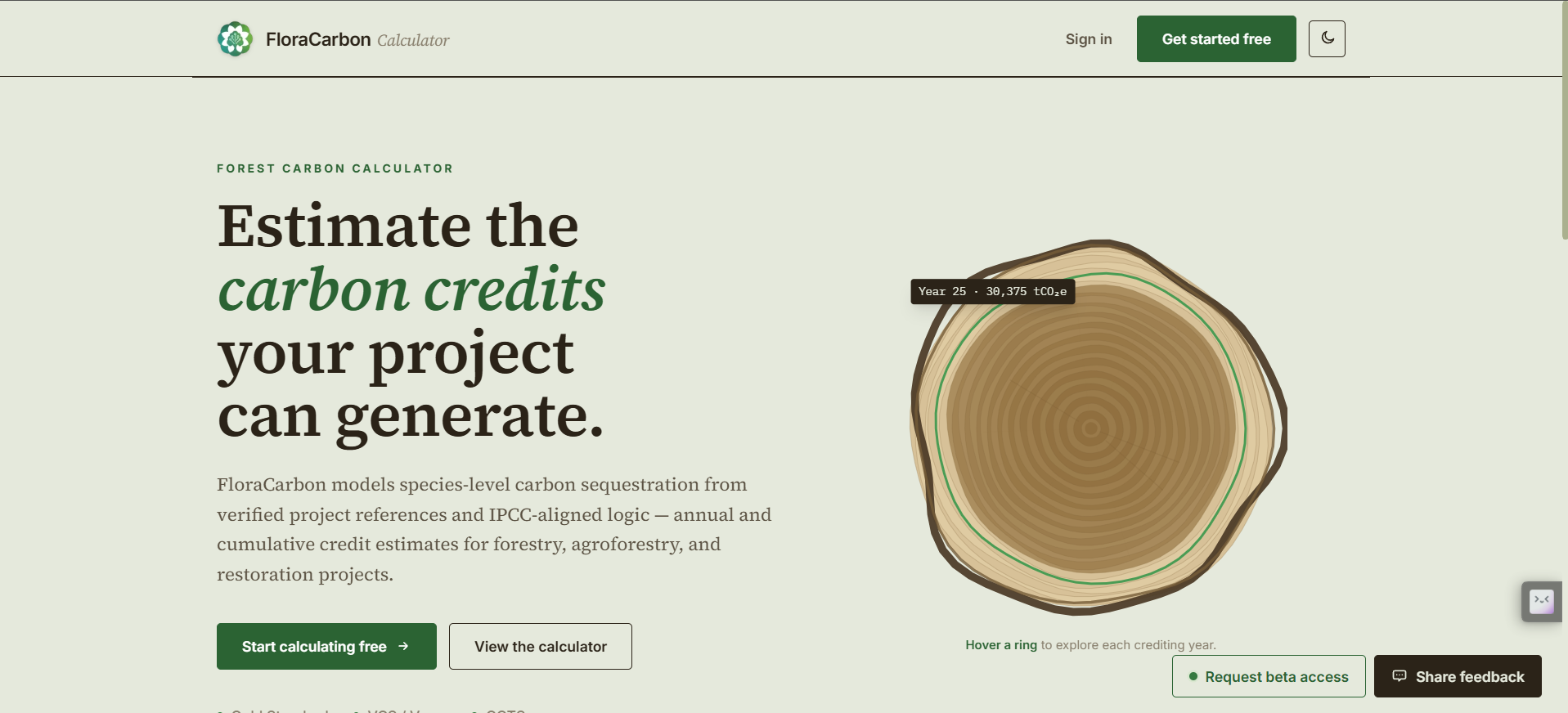 FloraCarbon Calculator interface