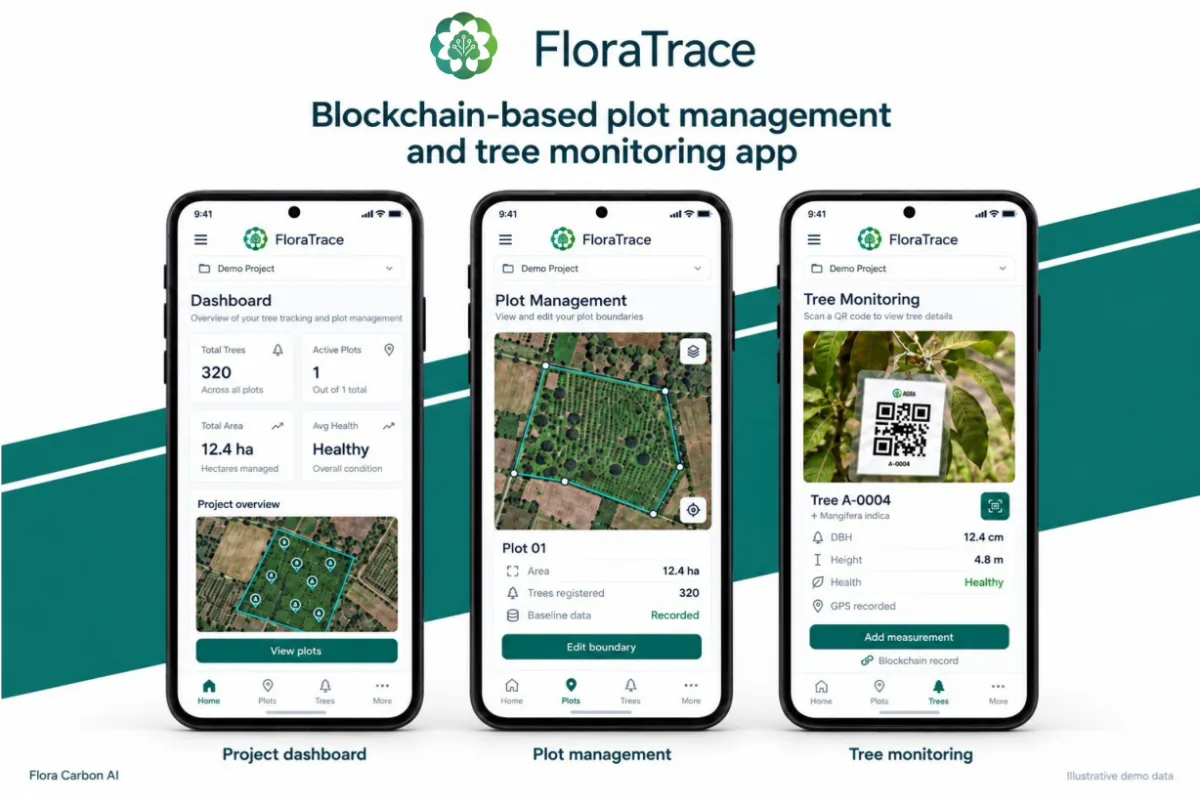 Three FloraTrace app screens on a phone: a project dashboard with tree and plot totals over a satellite view of the plot, plot management with an editable boundary drawn on satellite imagery, and tree monitoring showing a QR-tagged mango tree with its DBH, height and health. The graphic is marked as illustrative demo data.