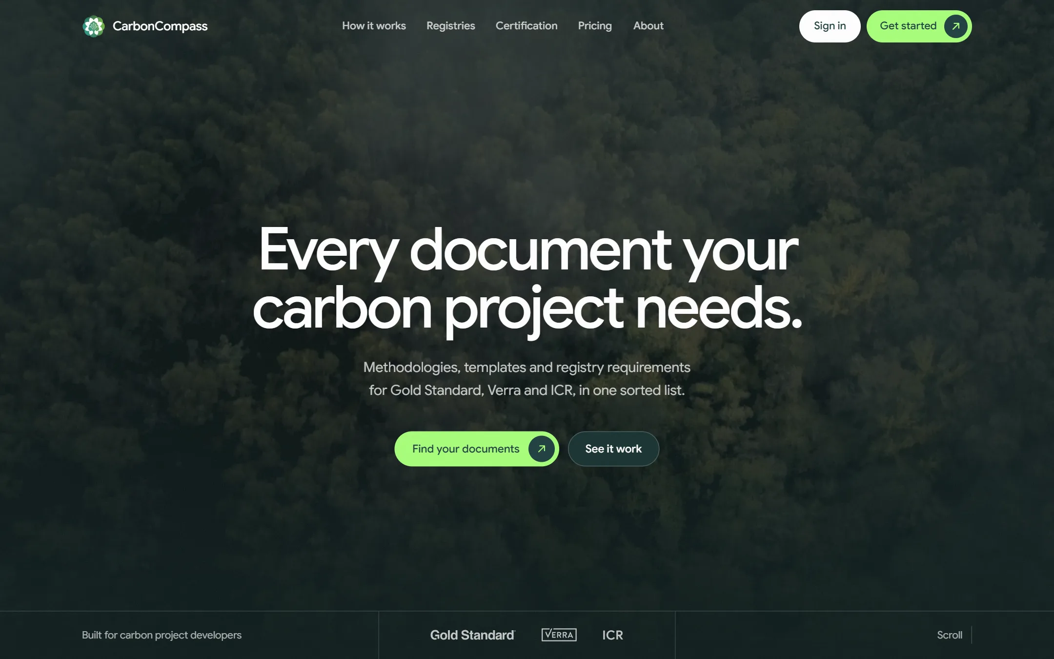 The Carbon Compass home page: "Every document your carbon project needs", methodologies, templates and registry requirements in one sorted list
