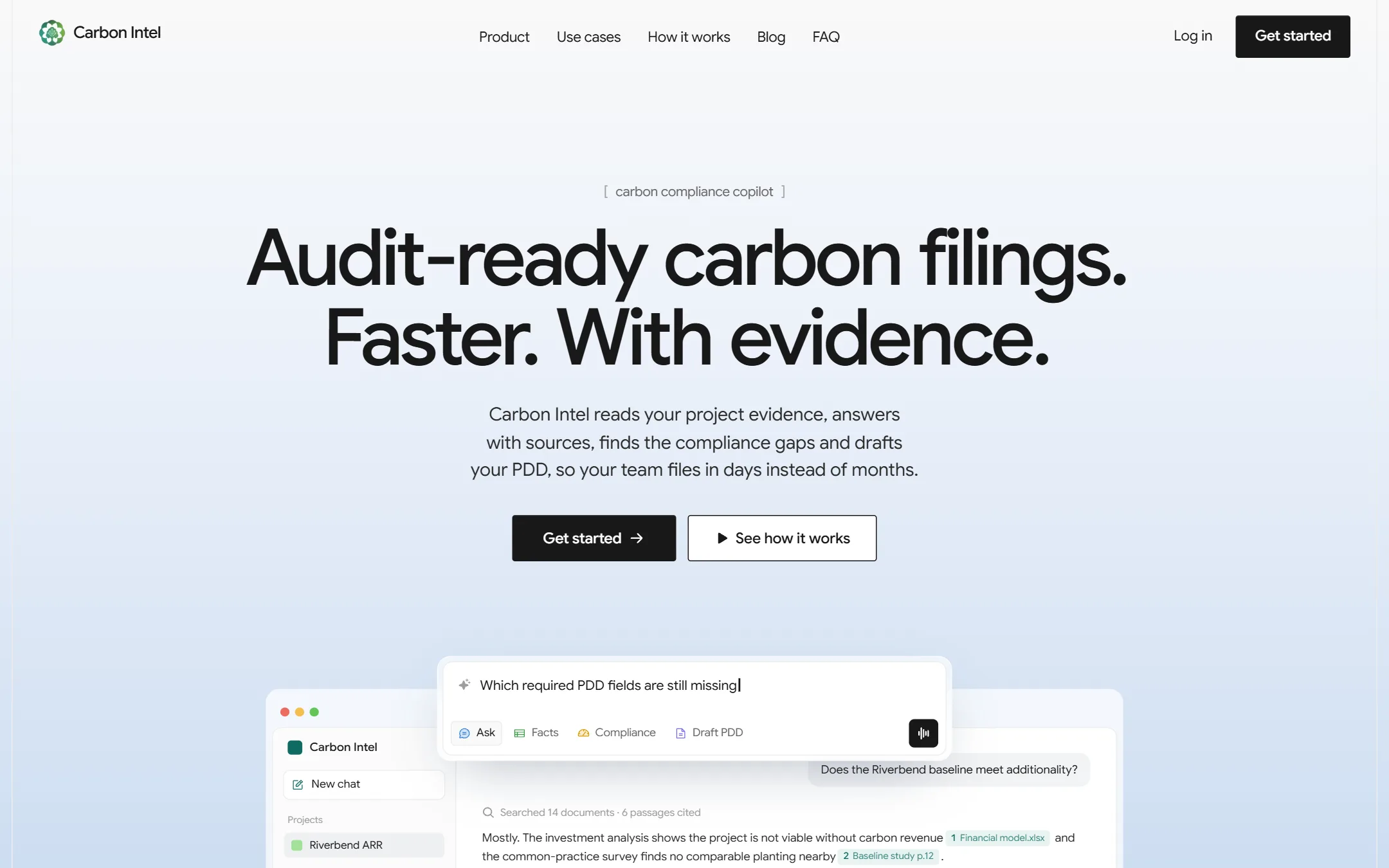 The Carbon Intel home page: "Audit-ready carbon filings", with the assistant answering a PDD question and citing the source documents