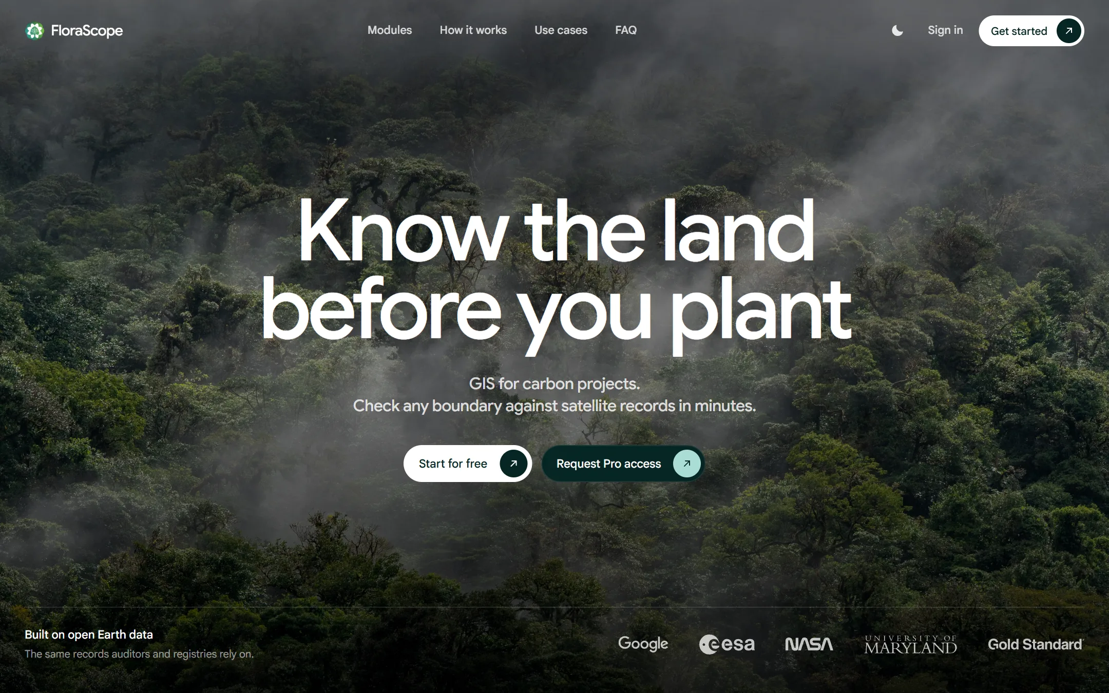 The FloraScope home page: "Know the land before you plant", GIS for carbon projects that checks any boundary against satellite records